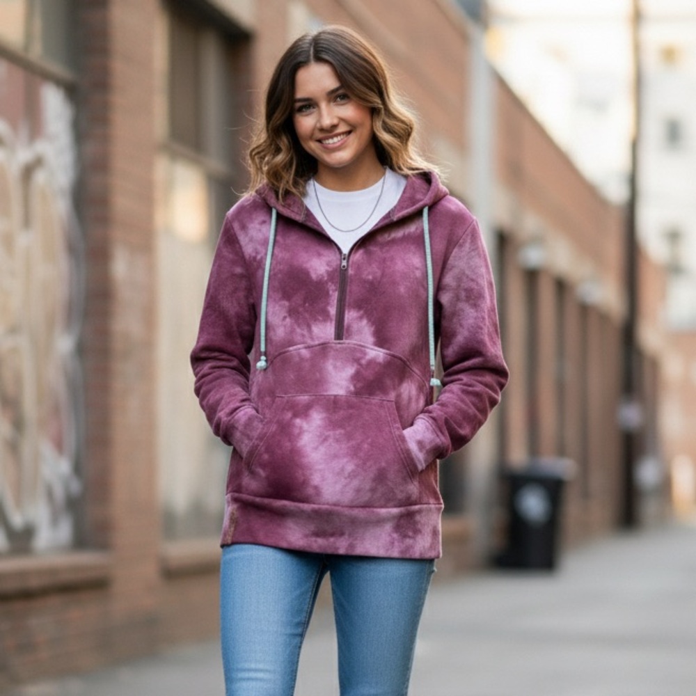 Ampersand Maroon Tie Dye 1/4 Zip Hooded Sweatshirt- Medium